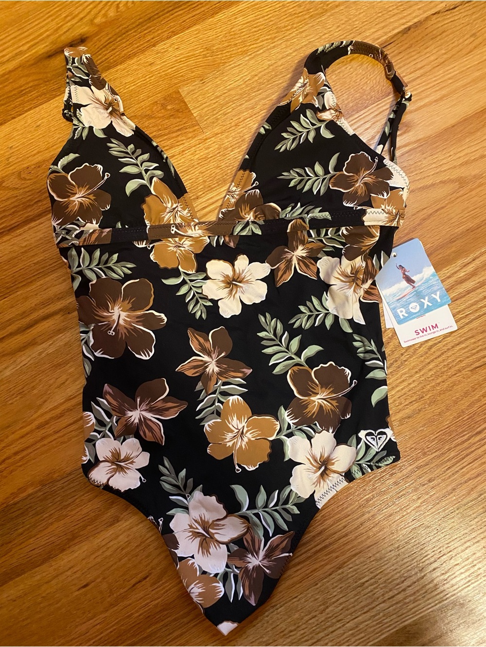 Roxy Black Floral Women’s One-Piece Swimsuit with Brown and Cream Hibiscus